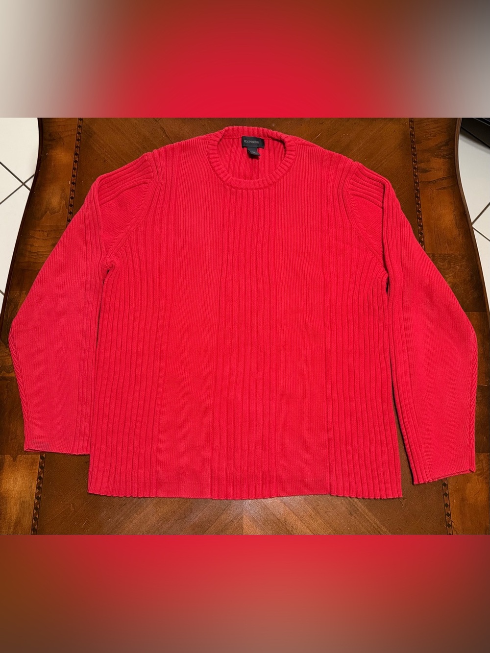 Express Men's Bright Red Ribbed Crewneck Sweater
